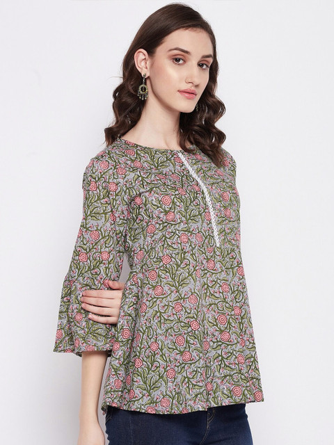 Imfashini Round Neck Floral Printed Longline Cotton A-Line Top - Image 3