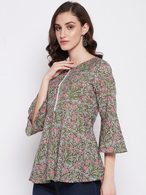 Imfashini Round Neck Floral Printed Longline Cotton A-Line Top - Image 4