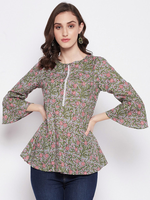 Imfashini Round Neck Floral Printed Longline Cotton A-Line Top