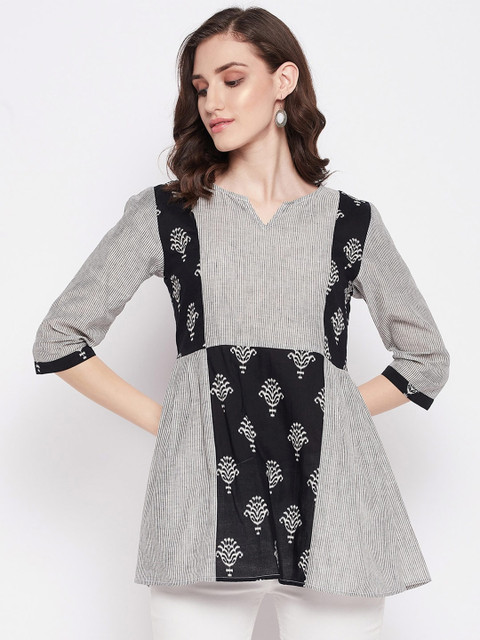 Imfashini Notch Neck Striped Printed Longline Cotton A-Line Top