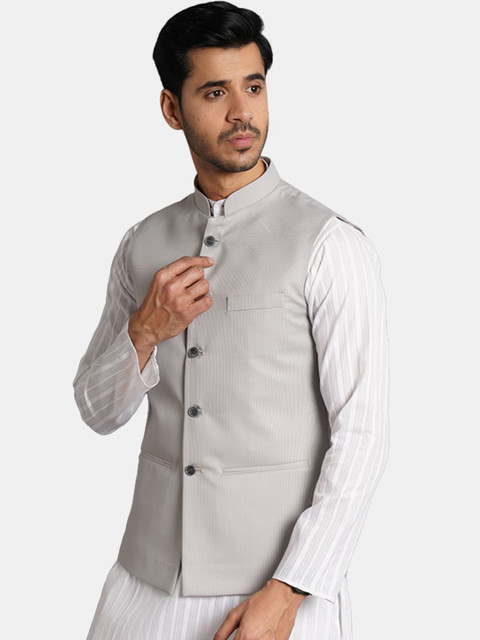 Wintage Men Woven Mandarin Collar Nehru Jacket - Image 3