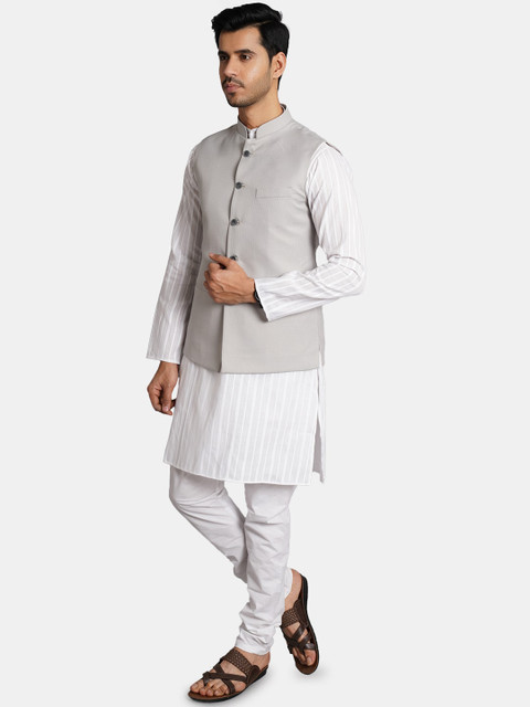 Wintage Men Woven Mandarin Collar Nehru Jacket - Image 5