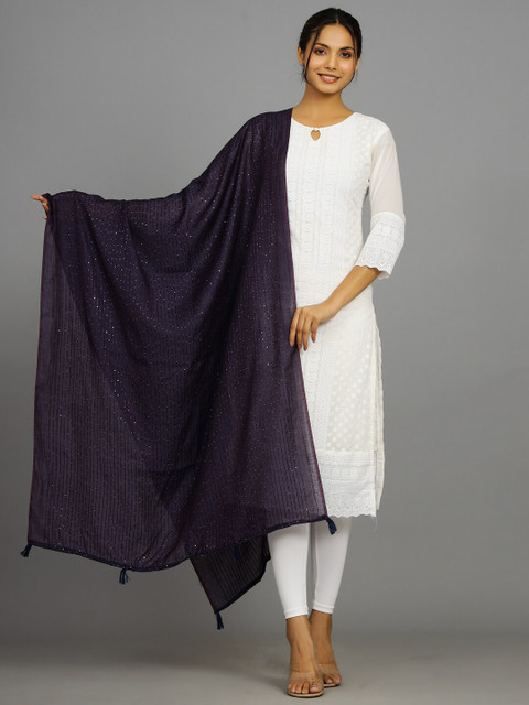 HANDICRAFT PALACE Striped Embroidered Dupatta with Sequinned