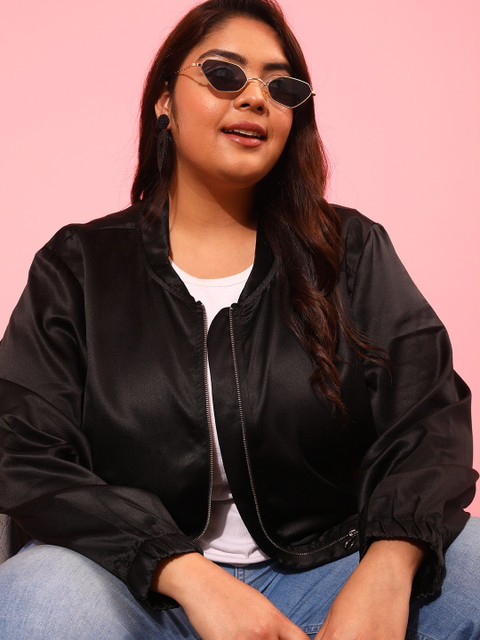 CURVY STREET Women Black Crop Bomber Jacket