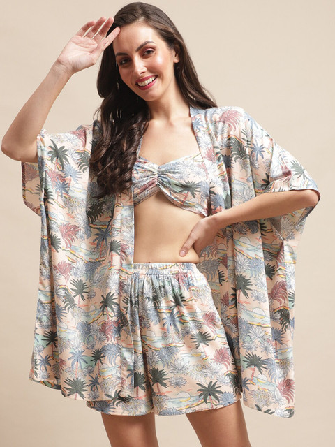 Claura Tropical Printed Swimwear Cover Up Set With Robe