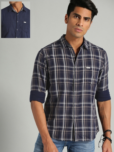 Roadster Men Navy Blue & Grey Regular Fit Checked Reversible Casual Shirt