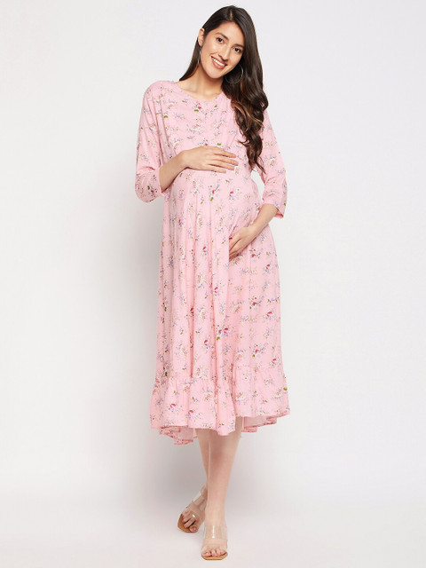 Hypernation Floral Round Neck Maternity A-Line Midi Dress
