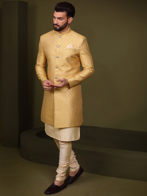 KISAH Men Woven Design Mandarin Collar Indowestern Sherwani Set - Image 5