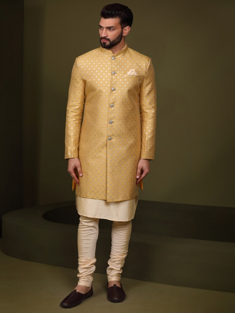 KISAH Men Woven Design Mandarin Collar Indowestern Sherwani Set