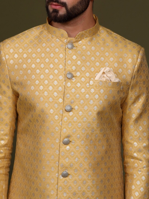 KISAH Men Woven Design Mandarin Collar Indowestern Sherwani Set - Image 2