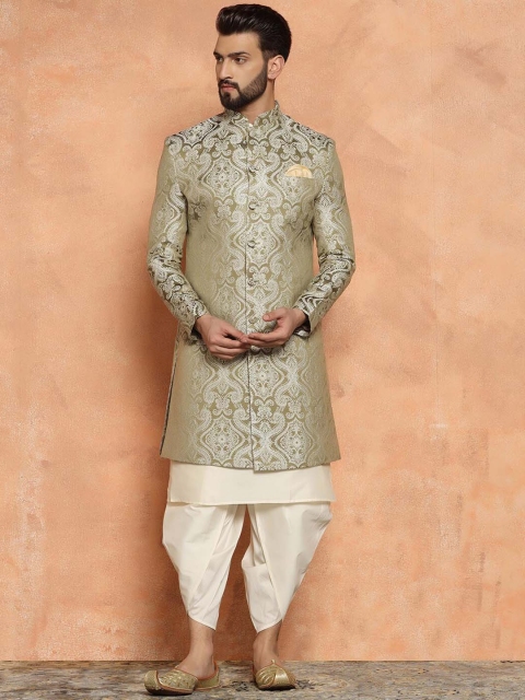 KISAH Men Woven Design Mandarin Collar Indowestern Sherwani Set