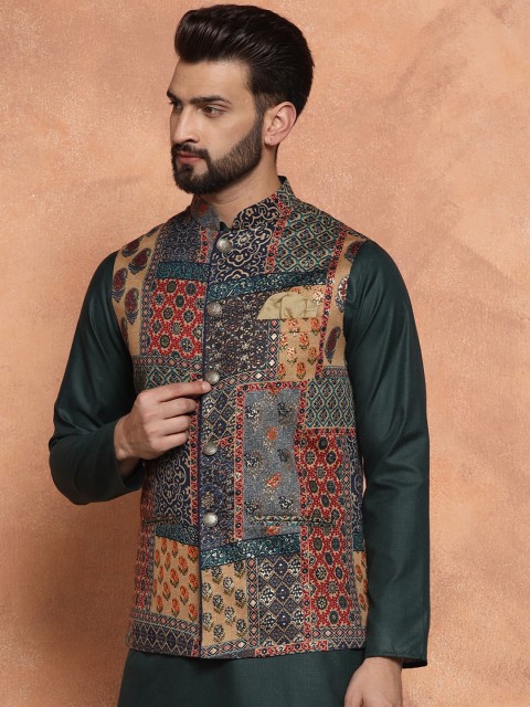 KISAH Men Printed Zari Regular Fit Nehru Jacket - Image 4