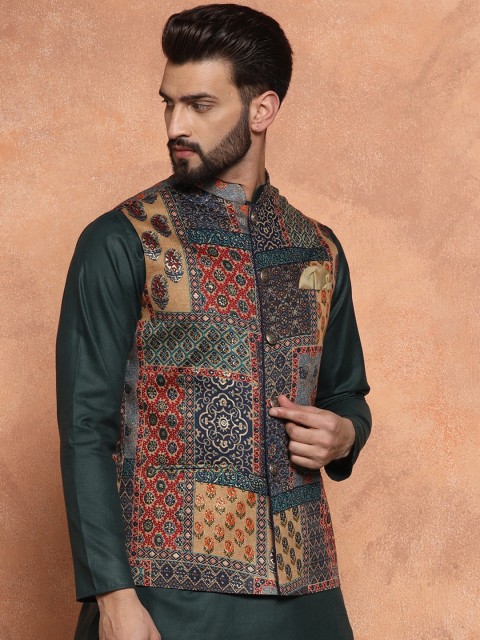 KISAH Men Printed Zari Regular Fit Nehru Jacket - Image 3