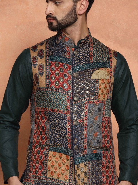 KISAH Men Printed Zari Regular Fit Nehru Jacket - Image 2