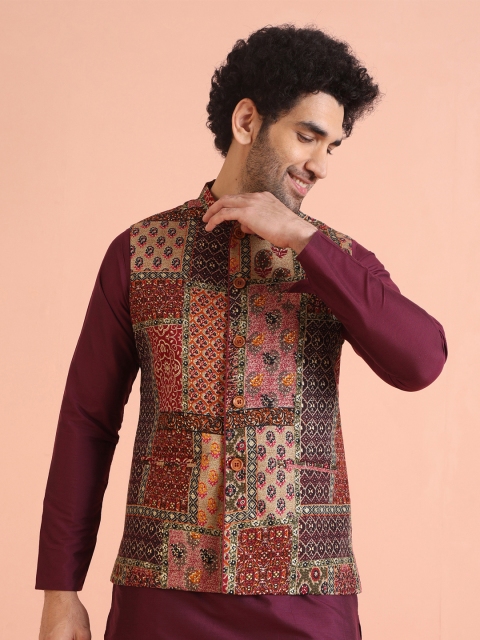 KISAH Printed Nehru Jackets With Pocket Square