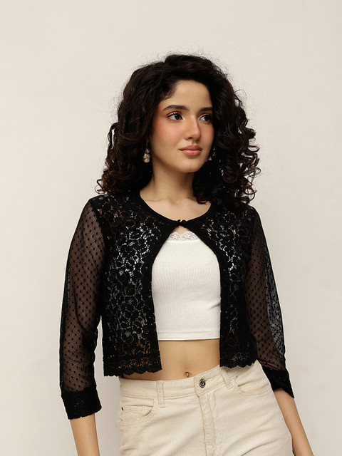 Espresso Sheer Lace Button Shrug