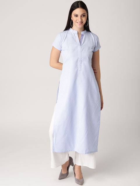 Libas Women Blue & White Checked Straight Kurta