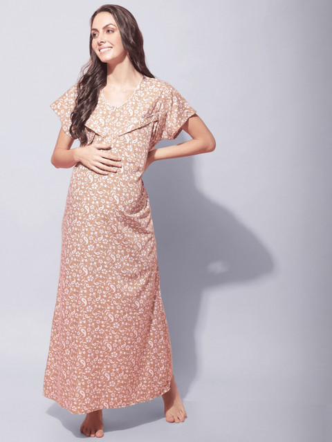 Secret Wish Maternity Floral Printed Pure Cotton Maxi Nightdress