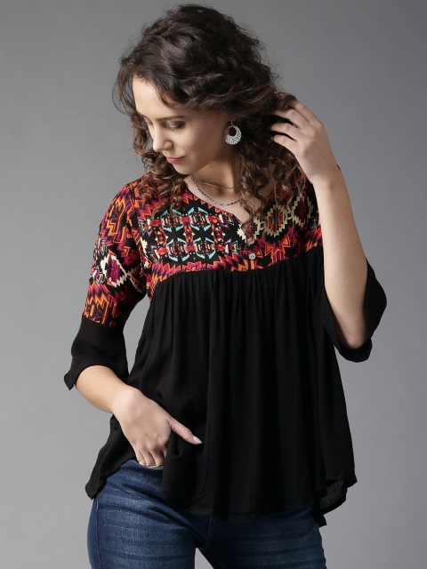 HERE&NOW Women Black Printed A-Line Top