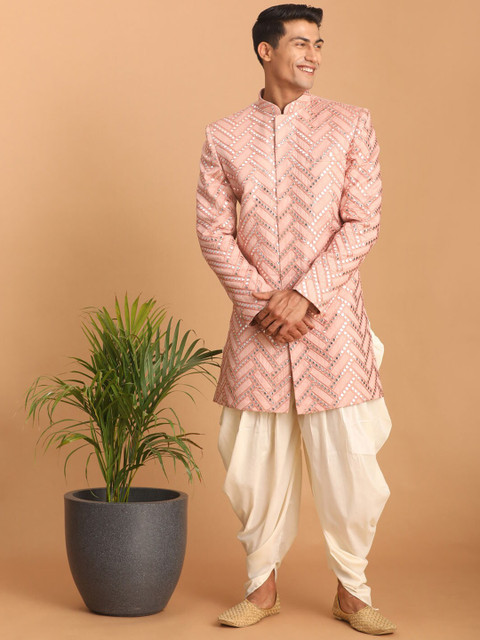VASTRAMAY Men Embroidered With Mirror Indo-Western Slim Fit Sherwani Set