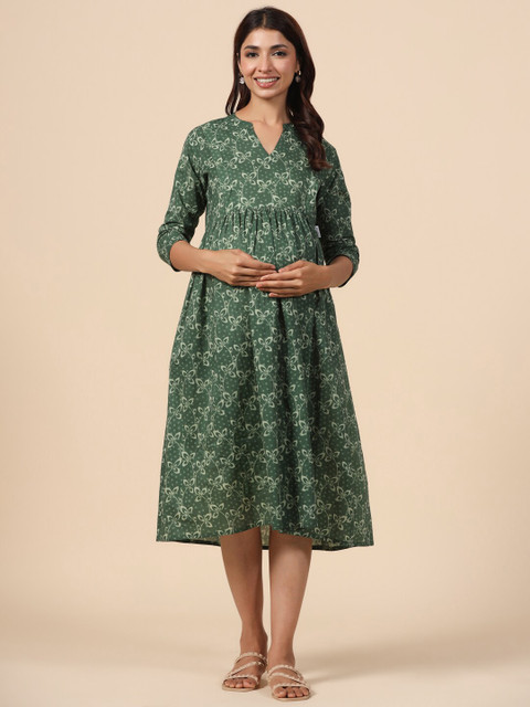 CRAFIQA Floral Printed Maternity Pure Cotton Fit & Flare Midi Dress