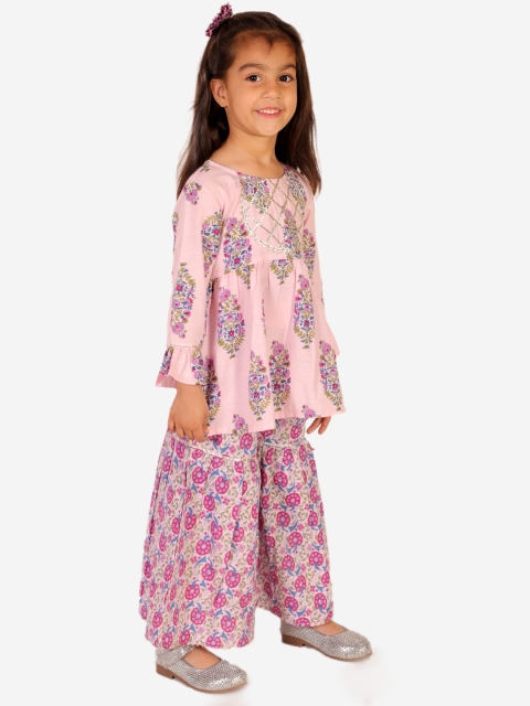 Superminis Girls Floral Printed Gotta Patti Pure Cotton A-Line Kurti With Sharara - Image 4