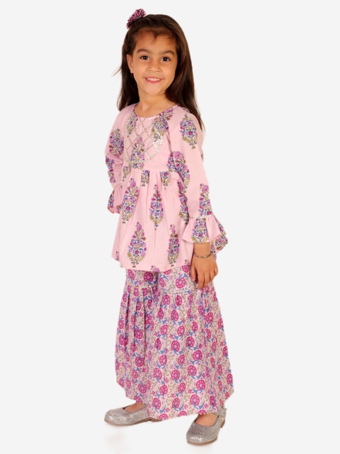 Superminis Girls Floral Printed Gotta Patti Pure Cotton A-Line Kurti With Sharara - Image 6