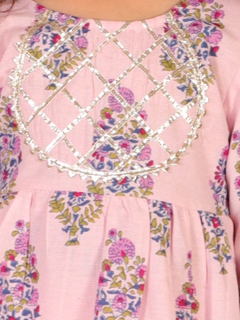 Superminis Girls Floral Printed Gotta Patti Pure Cotton A-Line Kurti With Sharara - Image 2