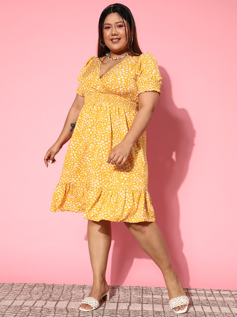 Berrylush Curve Plus Size Floral Print Puff Sleeve Crepe Fit & Flare Dress - Image 3