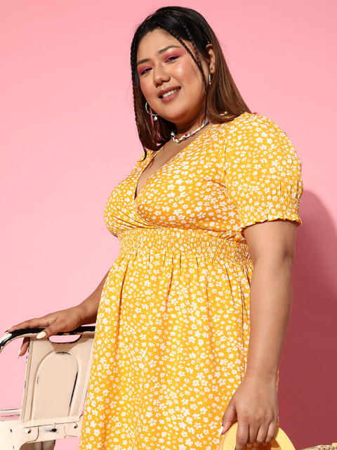 Berrylush Curve Plus Size Floral Print Puff Sleeve Crepe Fit & Flare Dress - Image 2