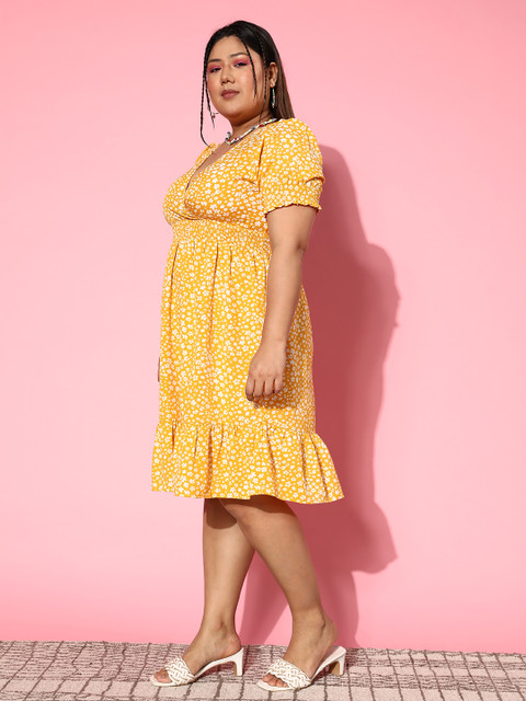 Berrylush Curve Plus Size Floral Print Puff Sleeve Crepe Fit & Flare Dress - Image 4