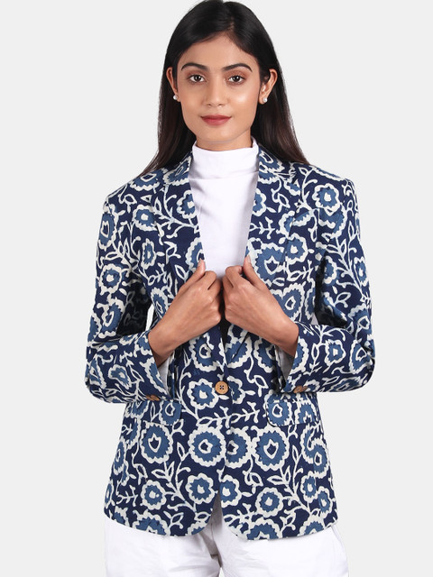 INDOPHILIA Printed Single-Breasted Cotton Blazer
