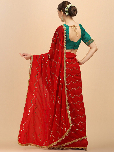 Sangria Stripped Embellished Sequinned Saree With Embroidered Blouse - Image 3