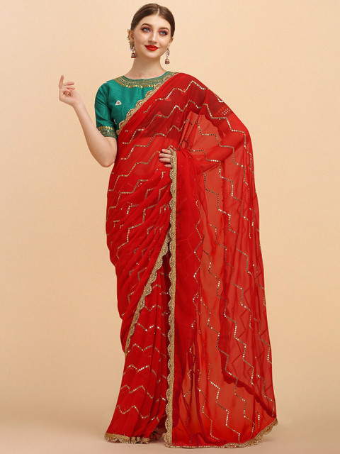Sangria Stripped Embellished Sequinned Saree With Embroidered Blouse - Image 4