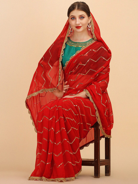 Sangria Stripped Embellished Sequinned Saree With Embroidered Blouse - Image 5