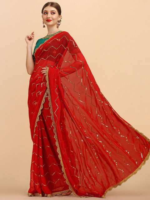 Sangria Stripped Embellished Sequinned Saree With Embroidered Blouse - Image 2