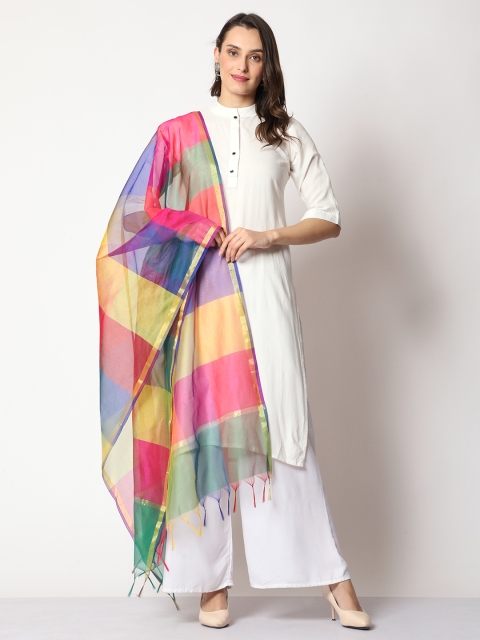 WEAVERS VILLA Striped Ikat Dupatta With Tasselled Border - Image 3