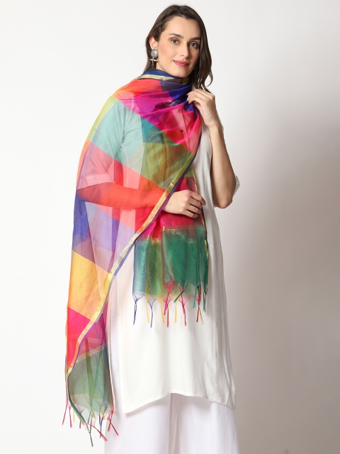 WEAVERS VILLA Striped Ikat Dupatta With Tasselled Border - Image 5