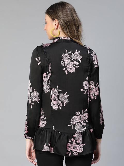 Oxolloxo Floral Print Tie-Up Neck Puff Sleeve Satin Peplum Maternity Top - Image 4