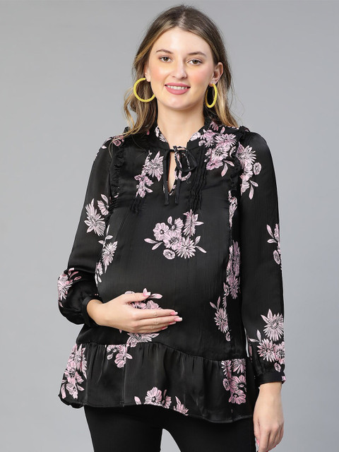 Oxolloxo Floral Print Tie-Up Neck Puff Sleeve Satin Peplum Maternity Top