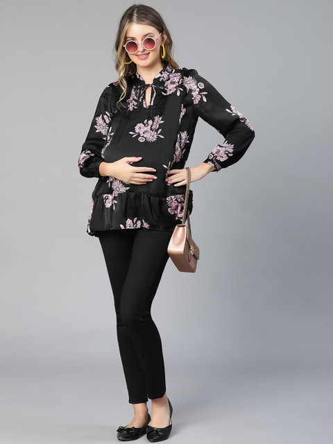 Oxolloxo Floral Print Tie-Up Neck Puff Sleeve Satin Peplum Maternity Top - Image 5