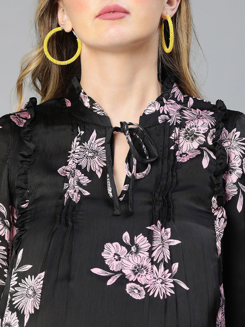 Oxolloxo Floral Print Tie-Up Neck Puff Sleeve Satin Peplum Maternity Top - Image 2