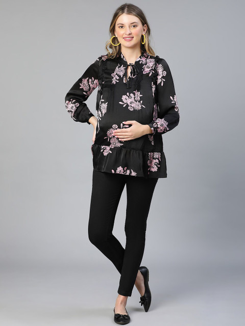 Oxolloxo Floral Print Tie-Up Neck Puff Sleeve Satin Peplum Maternity Top - Image 6