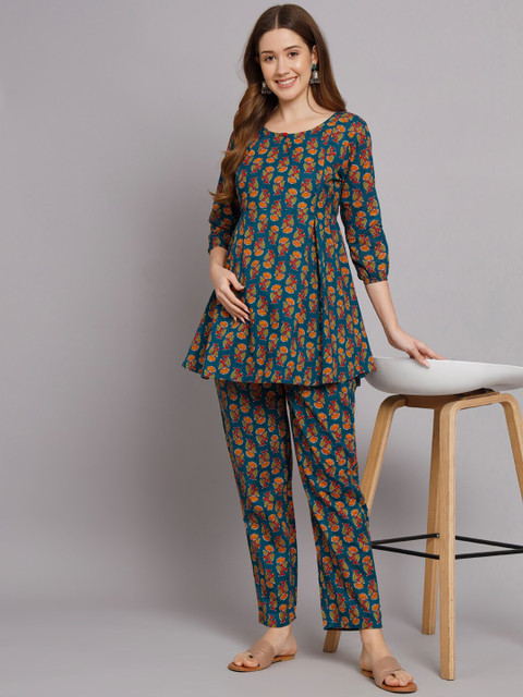 Vastralay Printed Pure Cotton Maternity Feeding Top With Trouser - Image 6