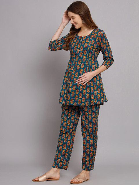 Vastralay Printed Pure Cotton Maternity Feeding Top With Trouser - Image 4