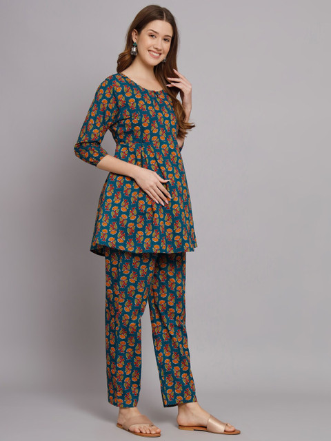 Vastralay Printed Pure Cotton Maternity Feeding Top With Trouser - Image 3