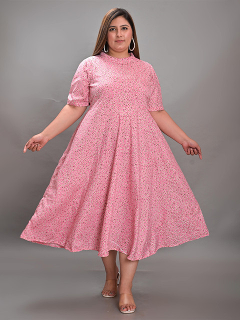 KALINI Plus Size Floral Printed Crepe Fit & Flare Midi Dress