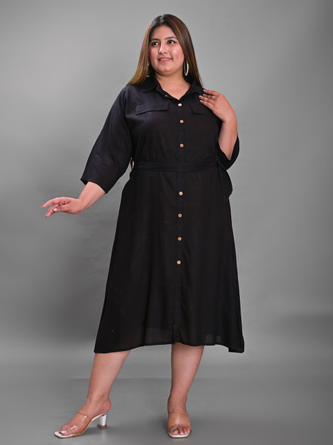 KALINI Plus Size Waist Tie-Up Crepe Shirt Midi Dress