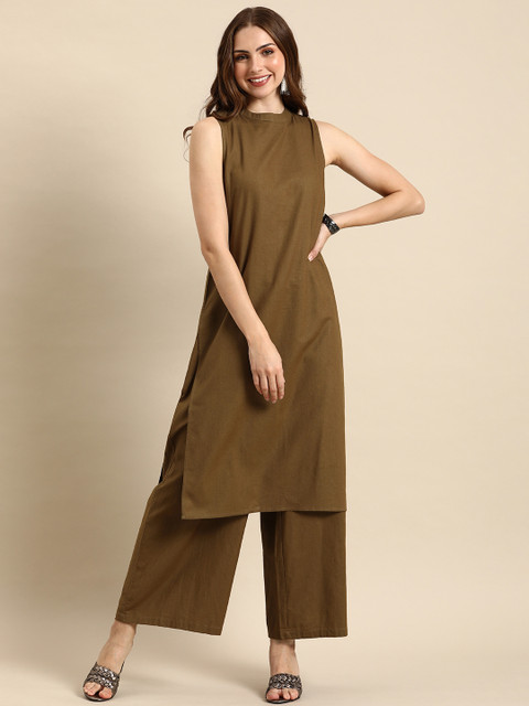 Anouk Women Solid Round Neck Cotton Kurta