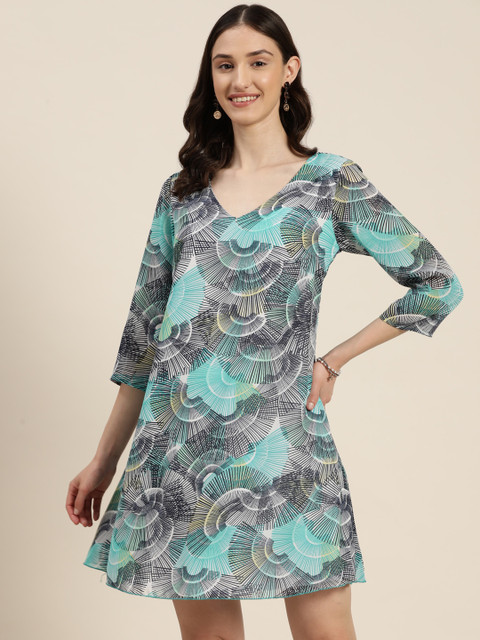 Qurvii Geometric Print Georgette A-Line Dress